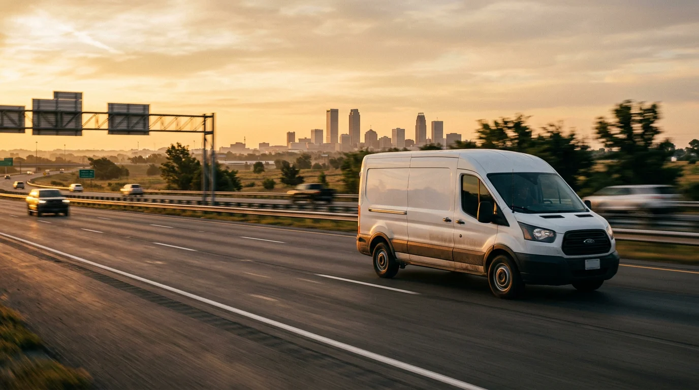 Professional courier vehicle on an Oklahoma highway at sunrise for same-day service