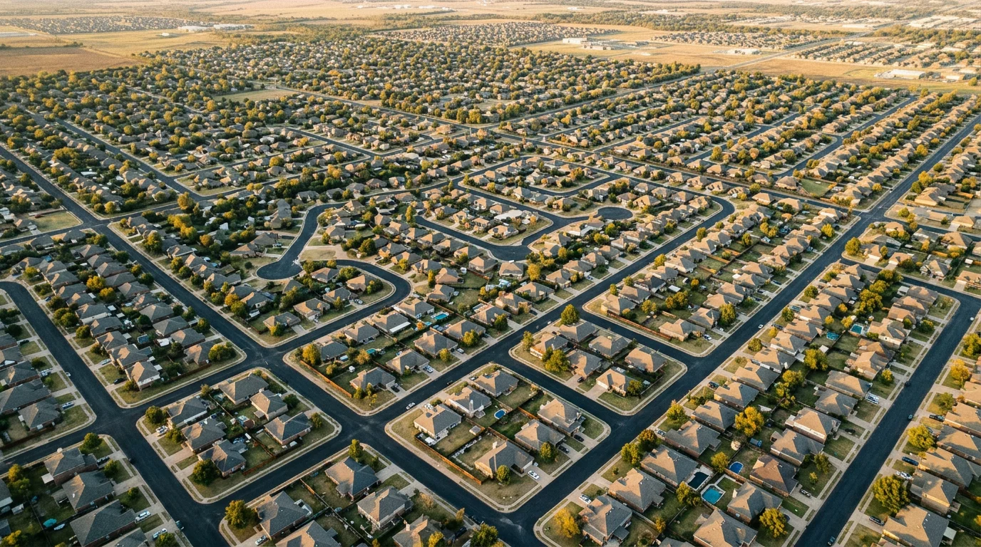 Aerial view of Oklahoma suburban neighborhood street network for skip tracing