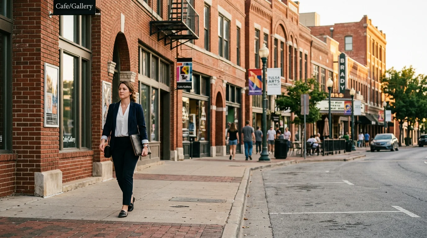 Tulsa Arts District street scene with professional walking on the sidewalk