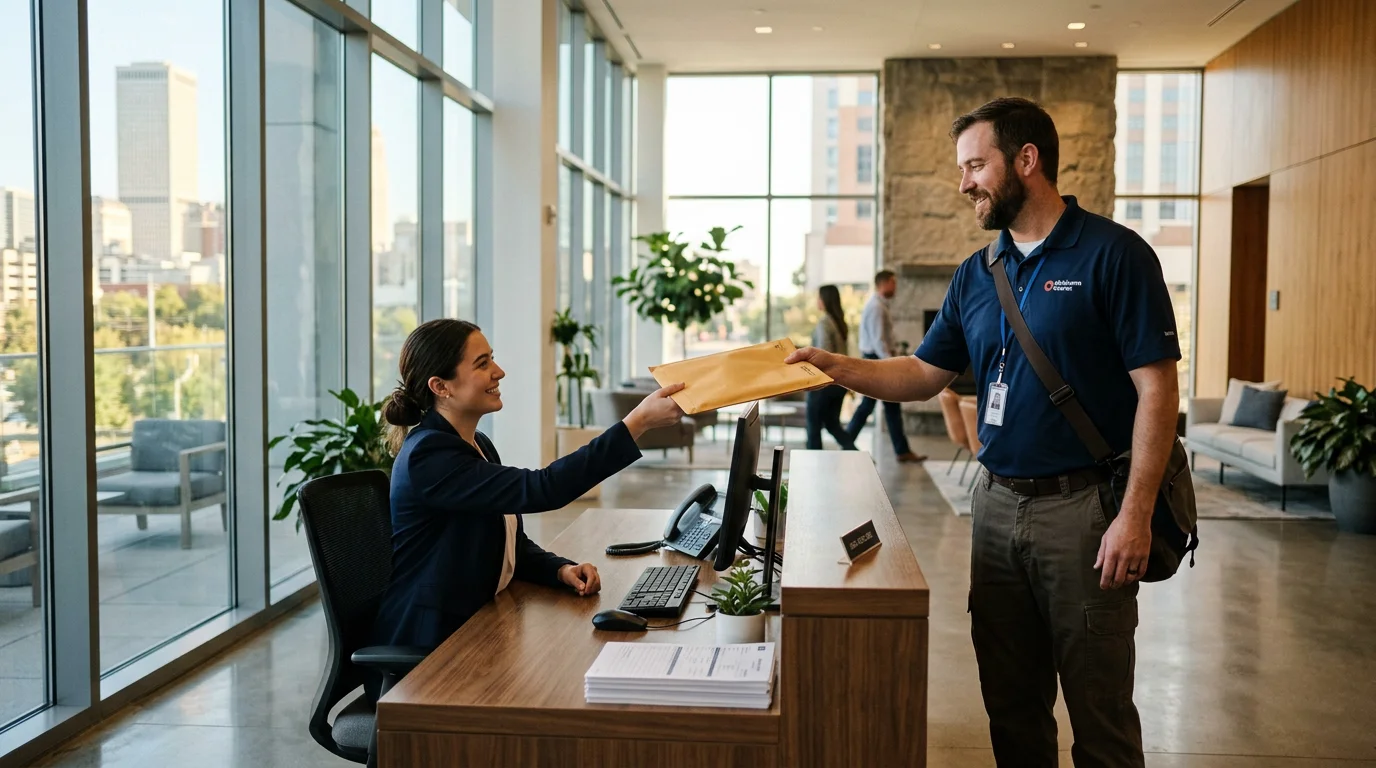 Professional courier delivering sealed documents at a Tulsa office lobby
