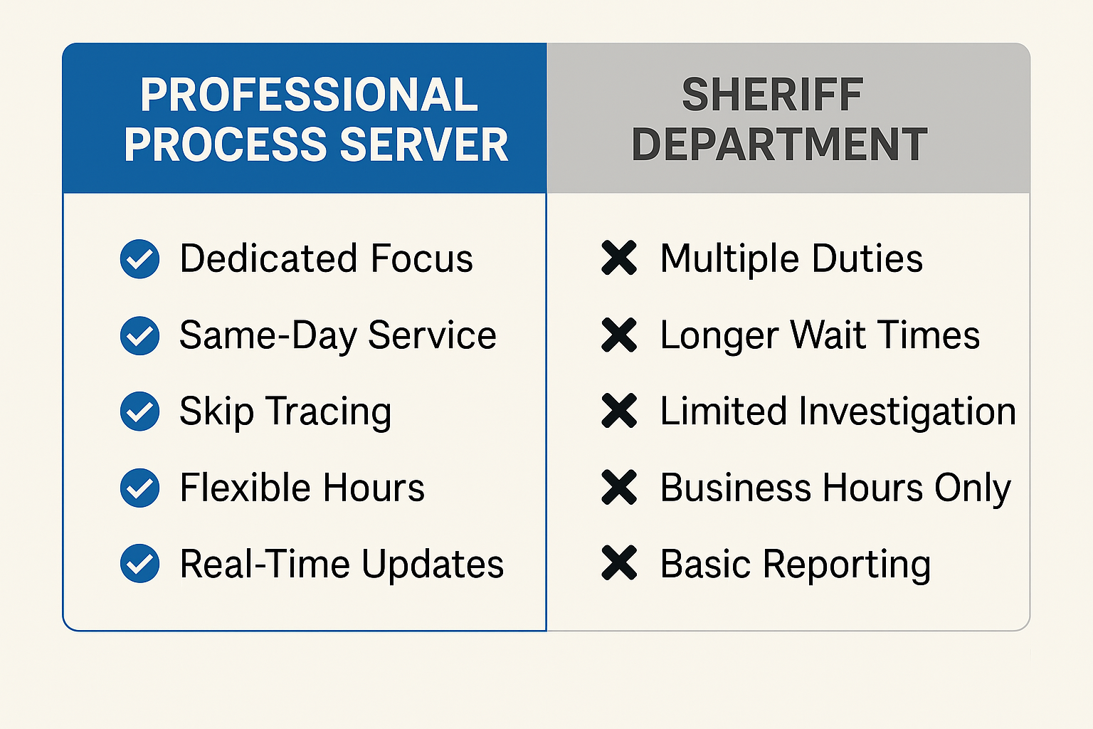 Process server vs sheriff department comparison chart